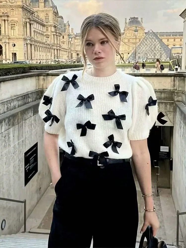 HH Spring Women Cute White Short Sleeve Sweater With Bow Decoration O-Neck Warm Knitted Pullover Autumn Casual Cropped Sweaters