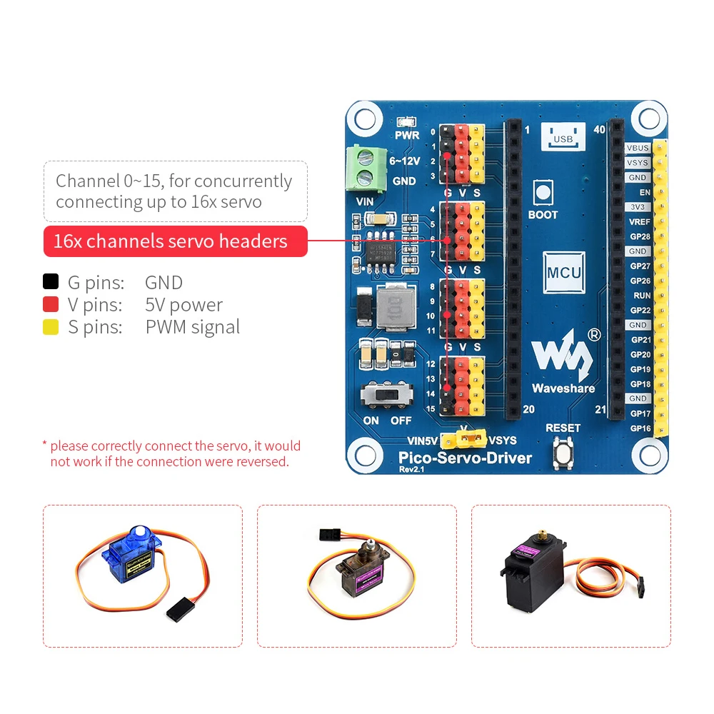 16-Channel PWM Micro Servo Motor Driver Controller Shield for RasPi RPI Raspberry Pi PICO 2 W RP2040 RP2350 Expansion Board HAT 3