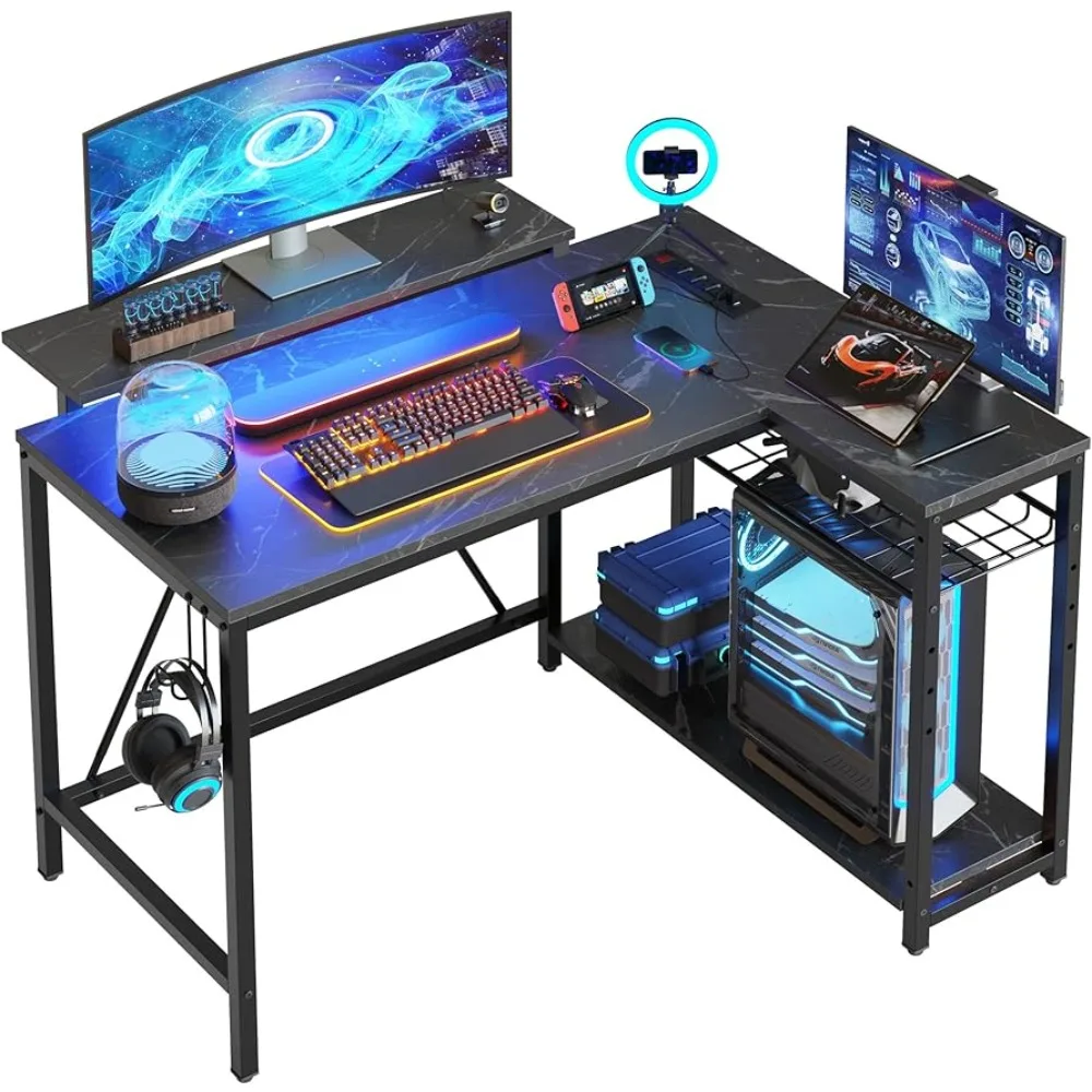 

Gaming Desk with Power Outlets,42 L Shaped LED Computer Desk with Monitor Stand Reversible Storage Shelves,Corner Gamer Desk