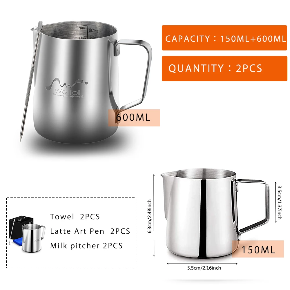 Milk Pitcher Frothering Cup Stainless Steel Silver Coffee Garland Needle Towel Cleaning Tool Set Barista Craft Latte Cappuccino