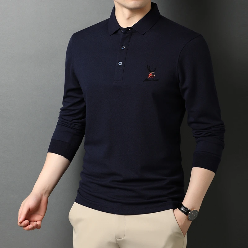 Neues Herren-Poloshirt mit lässiger Stickerei und langen Ärmeln, modisches einfarbiges Oberteil – Detail 10