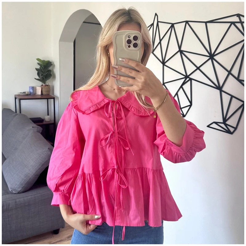 Babydoll Tops y2k Clothing Women Summer Ruffled Collar Lace Up 3/4 Sleeve Loose Blouses Shirts 2000s Clothes Streetwear