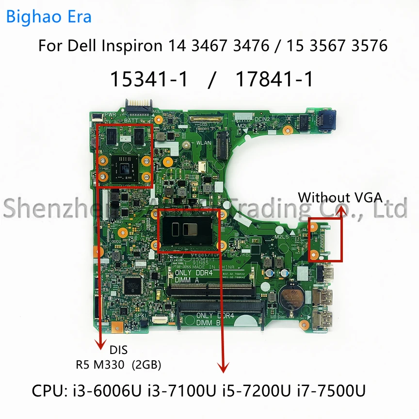 para Dell 14 3467 3476 15 3567 3576 Laptop Motherboard 1534117841-1 w I57200u I7-7500u Cpu r5 M330 2gb-gpu Cn0p5crk 0yhrcr