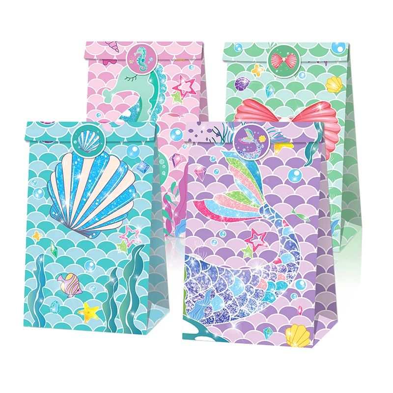 

12pcs Little Mermaid Party Gift Bags Color Mermaid Tail Shell Print Bags Under The Sea Theme Girls 1th Birthday Party Favor Bags