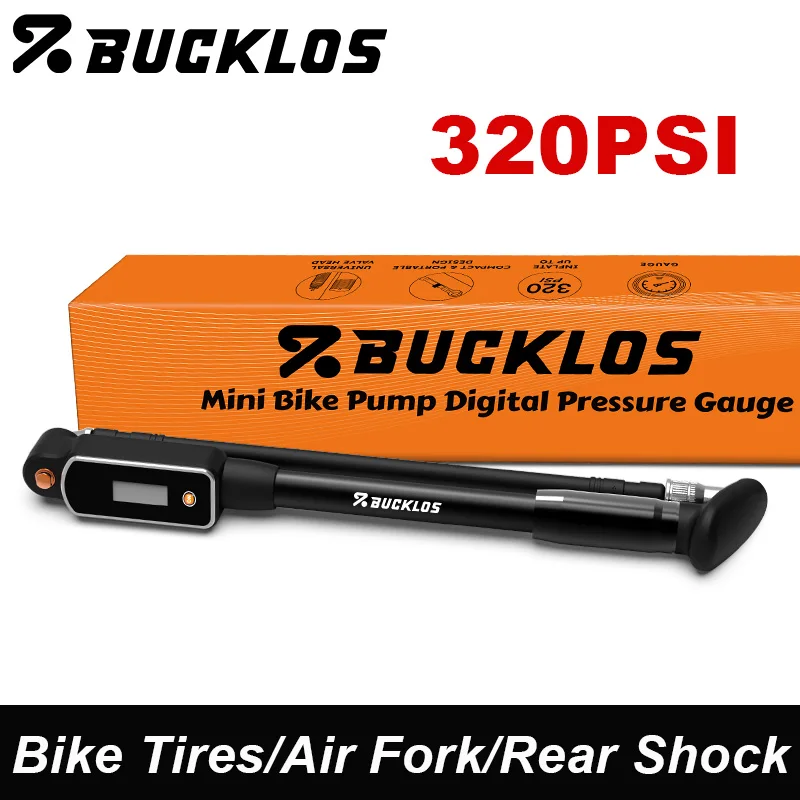 Pompe à air manuelle pour vélo BUCKLOS, gonfleur de pneus de vélo portable, pompe à air pour amortisseur arrière de vélo avec manomètre numérique, pompe à air pour fourche de vélo
