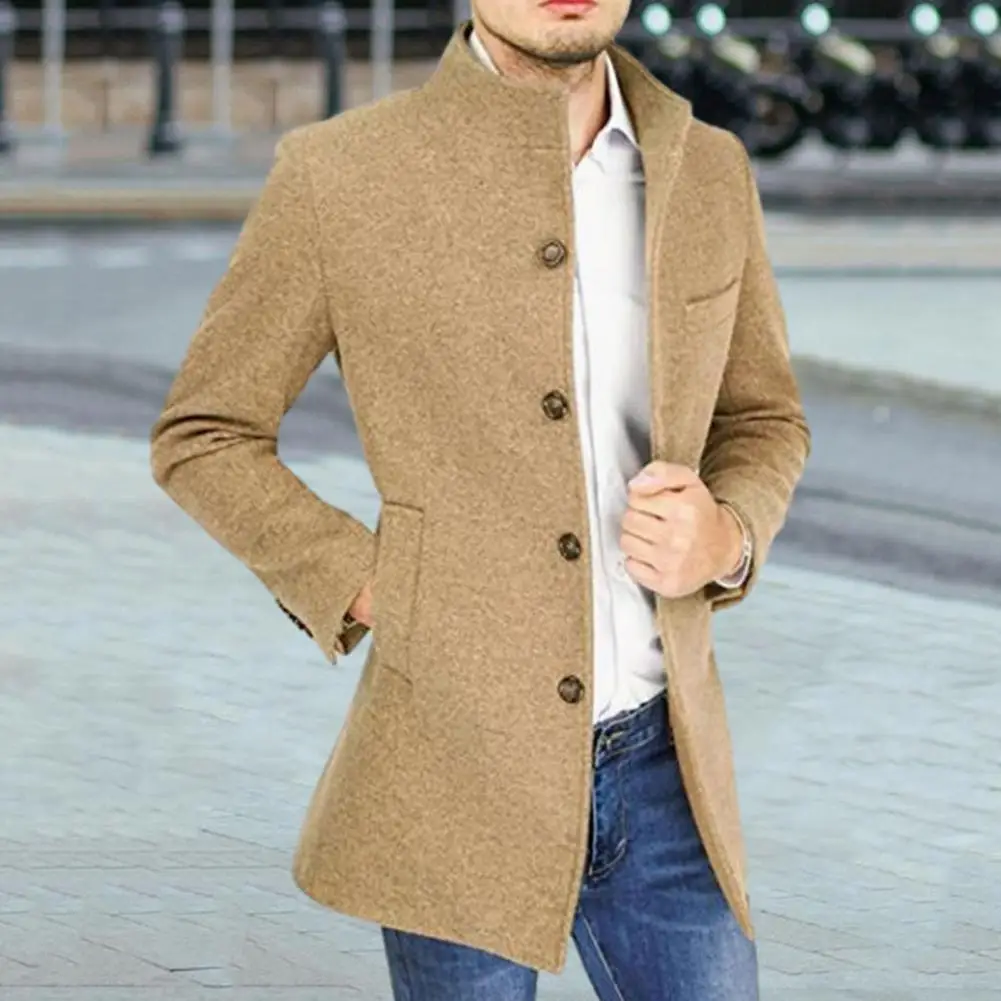 Men Long Cotton Coat 2023 Autumn Winter New Wool Blend Pure Color Casual Business Fashion Slim Windbreaker Jacket Men Clothing
