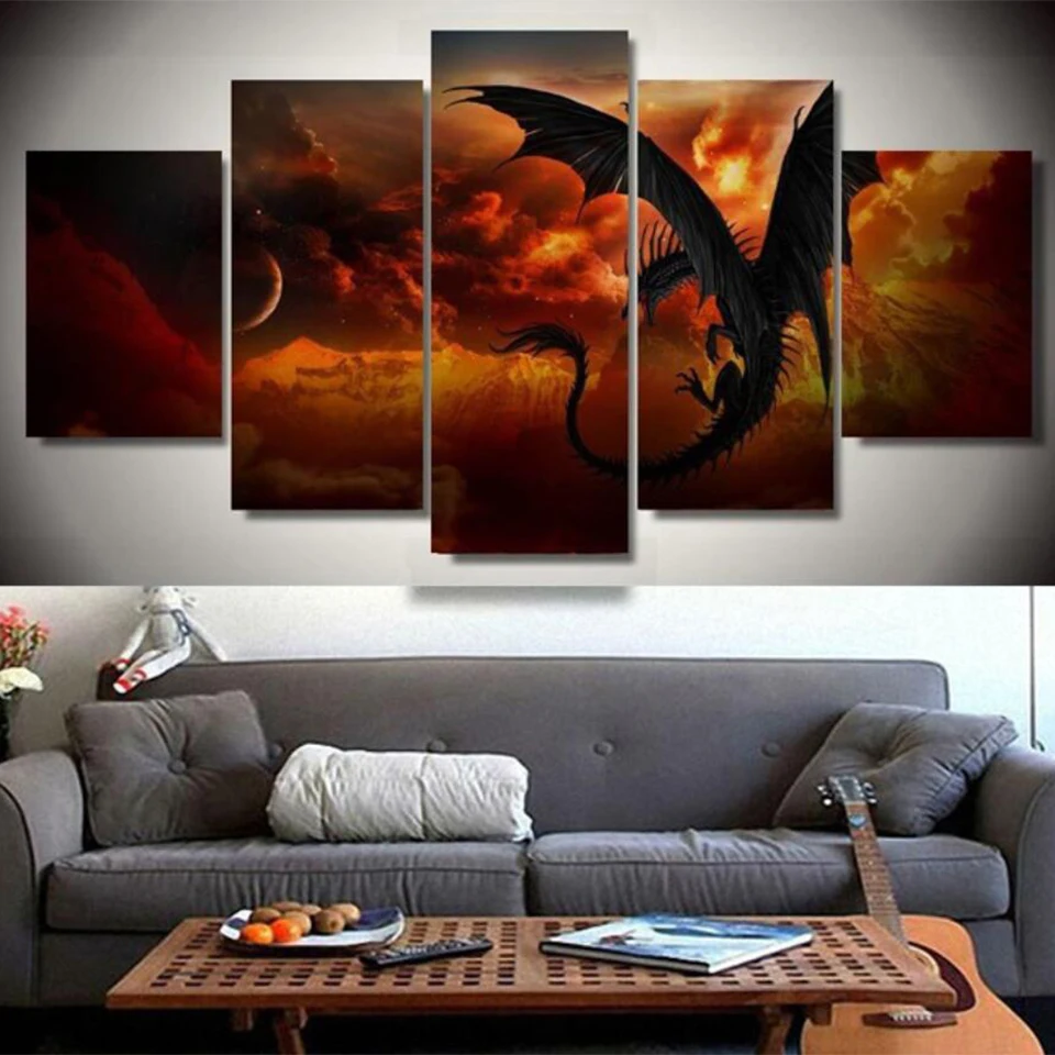 

5 Panel Diamond Painting Dragon 5d Diy Handmade Full Square Round Drill Pictures Of Rhinestones Embroidery Modern Decor Art,
