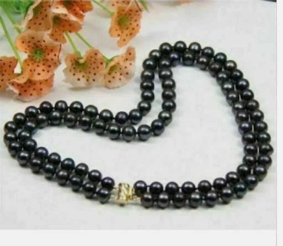 

charming 2 ROW AAA 9-10MM TAHITIAN NATURAL BLACK PEARL NECKLACE 14k clasp