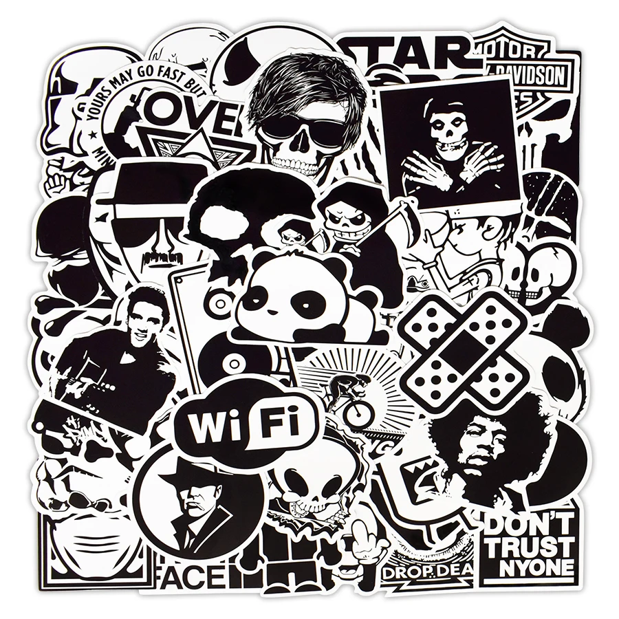 

50 PCS Black and White Stickers Anime Cartoon Cool Sticker Toys for Kids DIY Car Suitcase Notebook Laptop Sticker Bomb JDM Decal