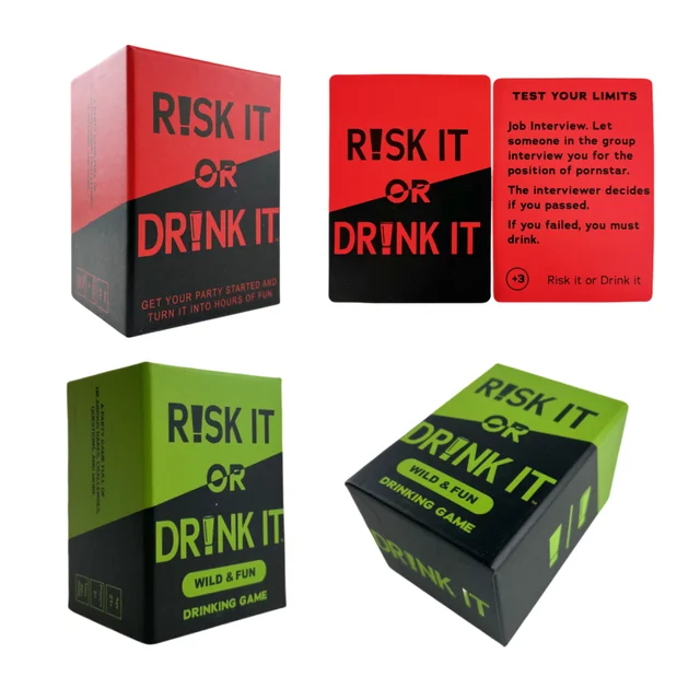 Risk It Or Drink It Jeu de fête amusant pour jeu de cartes universitaire Jeu de boissons Pré-jeu de nuit Hilarant Dares Défis Questions Adulte 1