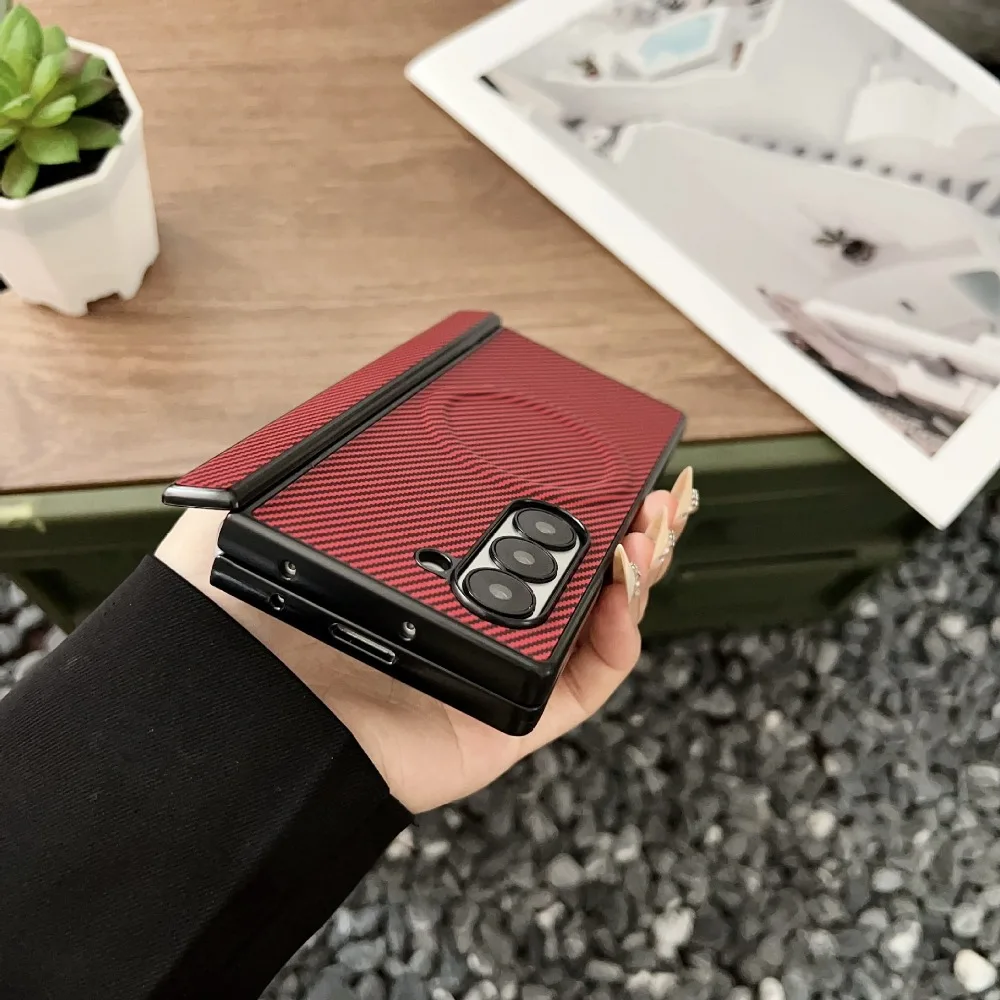 Luxury Carbon Fiber Magnetic Hinge Phone Case with Wireless Charging and Shockproof Bumper Cover
