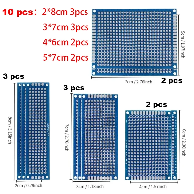 Universal PCB Prototype Board Kit 10pcs, 4 Size Double-Sided Blue FR4 2.54mm Pitch for Arduino DIY Electronics Soldering