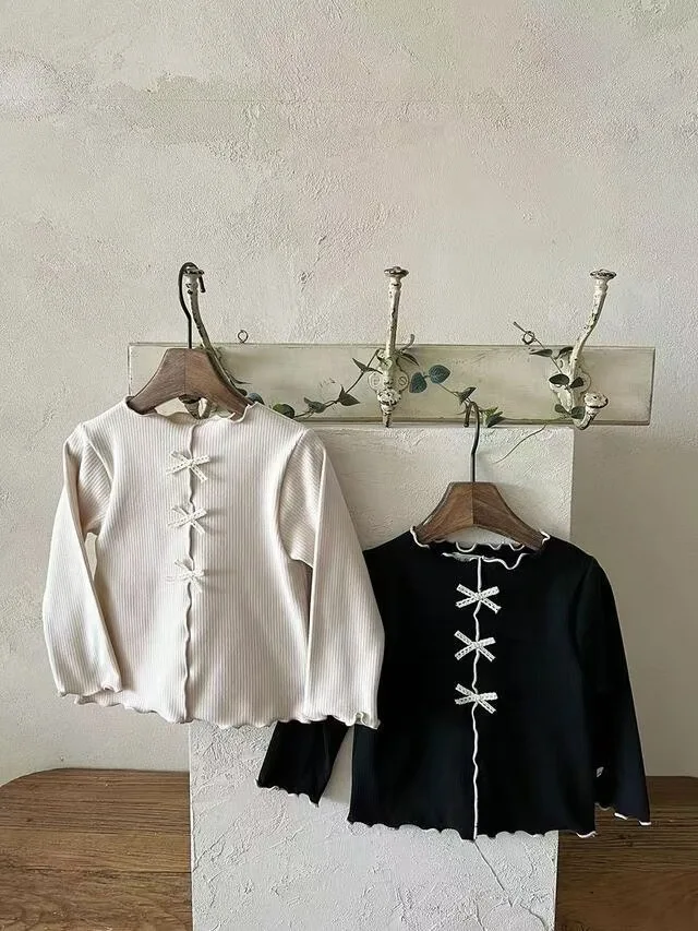 2025 Autumn New Baby Long Sleeve T Shirts Solid Girls Cute Bow Cotton Bottoming Shirts Infant Ribbed Tops Children Clothes 2