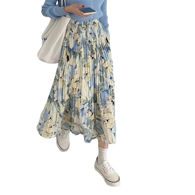 ALSEY Miyake Women's Halter Printed Kawaii High Waist Slim Spring Summer New Elegant Lightweight Mid-Length Pleated Long Skirt