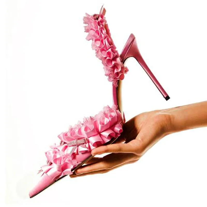 Sweet Girls Pink Black White Silk Bling Crystal Rhinestone Butterfly Knot Floral 10 CM Thin Heels Slingback Summer Sandals