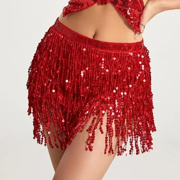 Sexy Sequins Tassel Dancewear Mini Skirt Women Clothes Jupe Femme Belly Dance Skirts Ladies Faldas Performance Stage Bottom Saia 1
