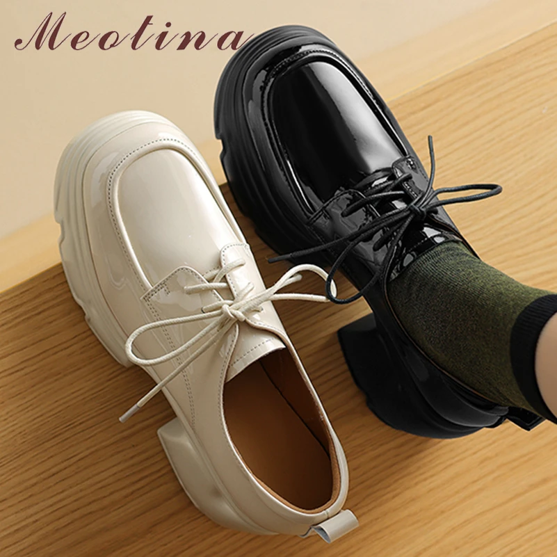 

Meotina Women Patent Leather Pumps Round Toe Platform Thick High Heels Lace-up Ladies Fashion Shoes Spring Autumn Black Beige