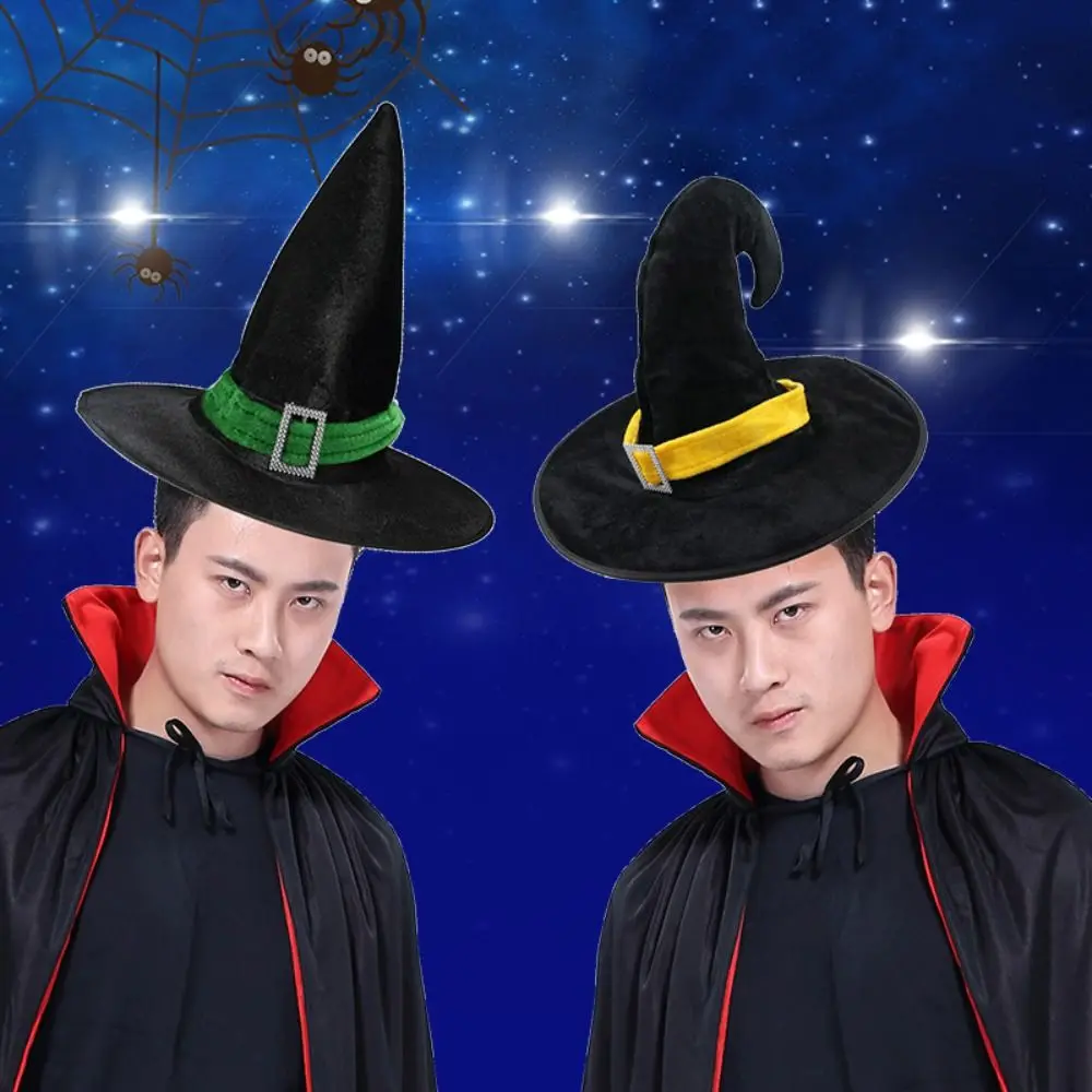 Simple Velvet Halloween Witch Wizard Hat Bending Angle Satin Ribbon Halloween Hat Costume Props Gilding Devil Cap Night Club