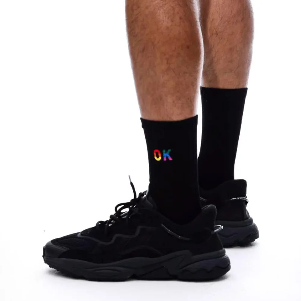Men's Black and White Rainbow OK Pattern Embroidery Tall Tube Long Tube Thin Four Seasons Cotton Socks Sports Socks