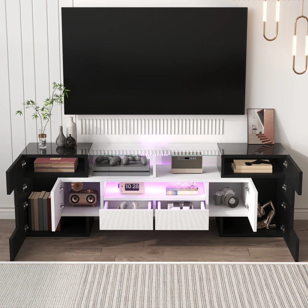 PINGGO Hochglanz Weiß TV-Schrank 145CM mit LED-Beleuchtung Modernes Design Elegantes Glas-Lowboard für Wohnzimmermöbel – Detail 8