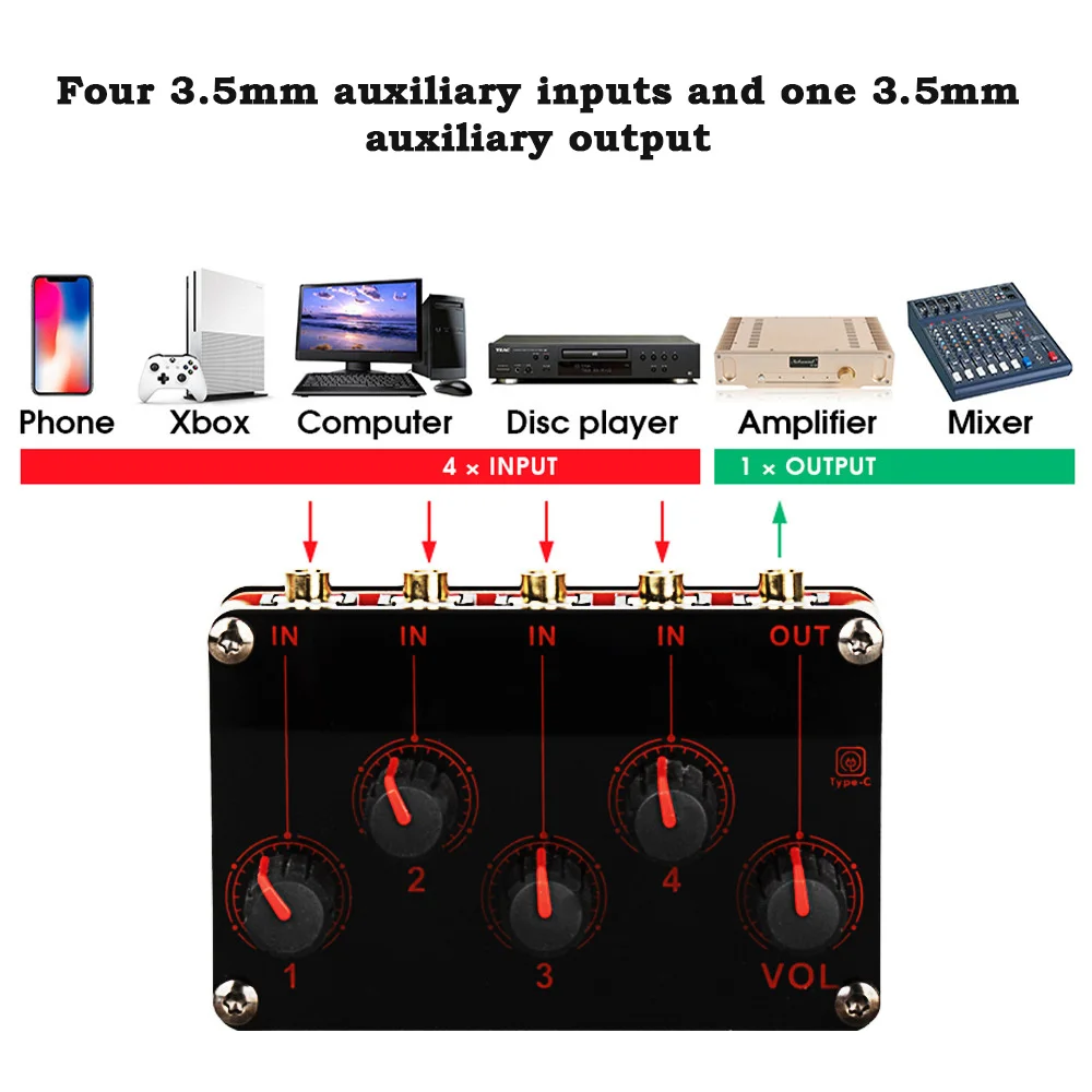4 Channel Stereo Audio Mixer USB 5V Power Line Portable Analog Sound Mixing Console