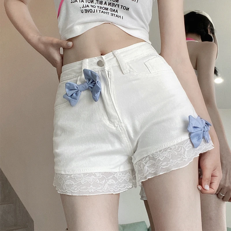 

Japanese Style Sweet Fresh Girl's High Waist Slimming White Denim Hem Lace-Trimmed Shorts Casual Pants Women's Summer