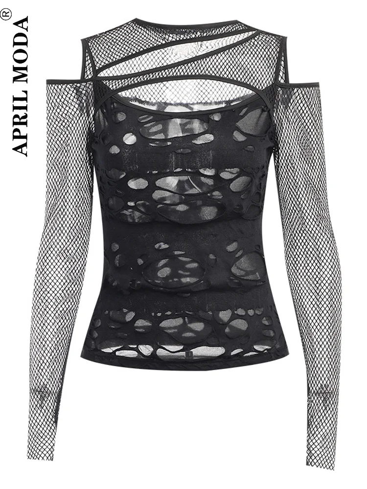 ◇ILLIGO◇ Mesh Sheer Layered Tee Black Mens Long Sleeve Fishnet Mesh Sheer T-shirt Gothic Punk