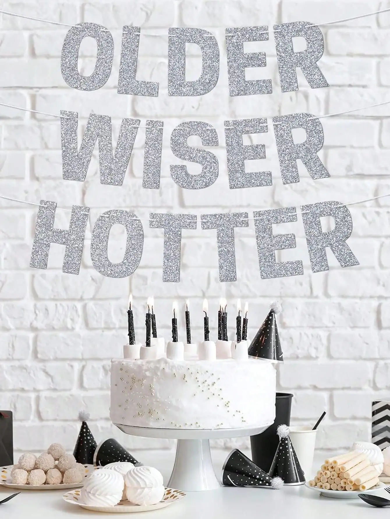 Funny Birthday Banner Older Wiser Hotter Glitter Black
