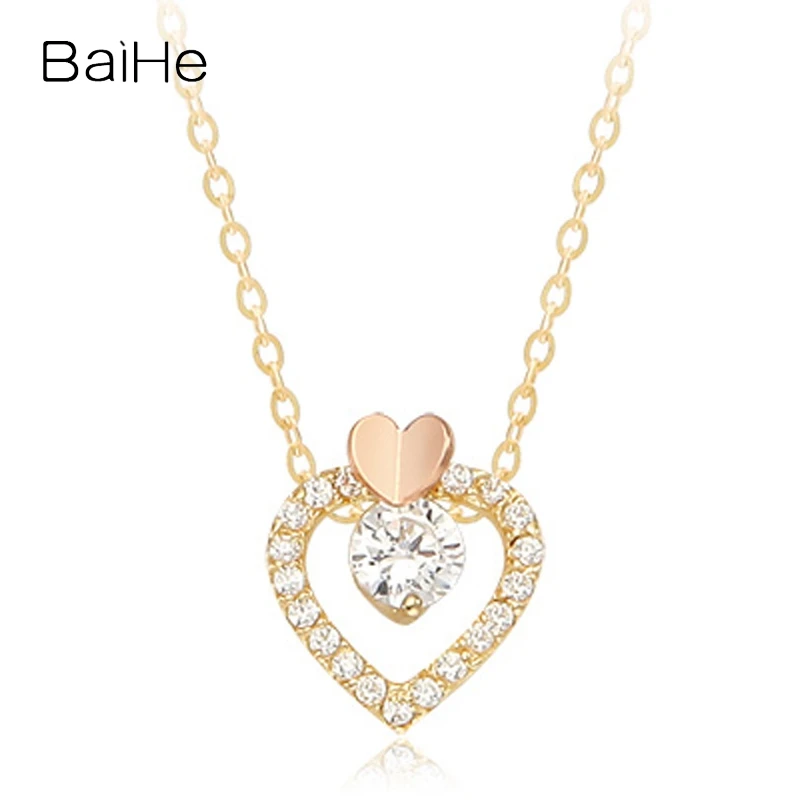 

BAIHE Solid 14K Yellow+Rose Gold H/SI Natural Diamond Heart Necklace Lady Women Fine Jewelry Making Collier Coeur ハートネックレス