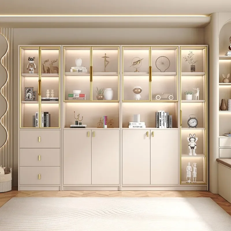 Modern simple bookcase with glass door dust-proof luxury living room display cabinet home locker bookshelf cream wind