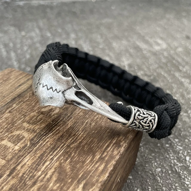 MENDEL Mens 8 9 Inch Norse Viking Leather Raven Crow Skull Bracelet  Wristband | eBay