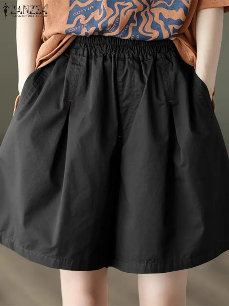 

Женские эластичные свободные шорты ZANZEA, повседневные праздничные однотонные простые шорты, модные шорты с карманами, Летние Плиссированные штаны, 2024