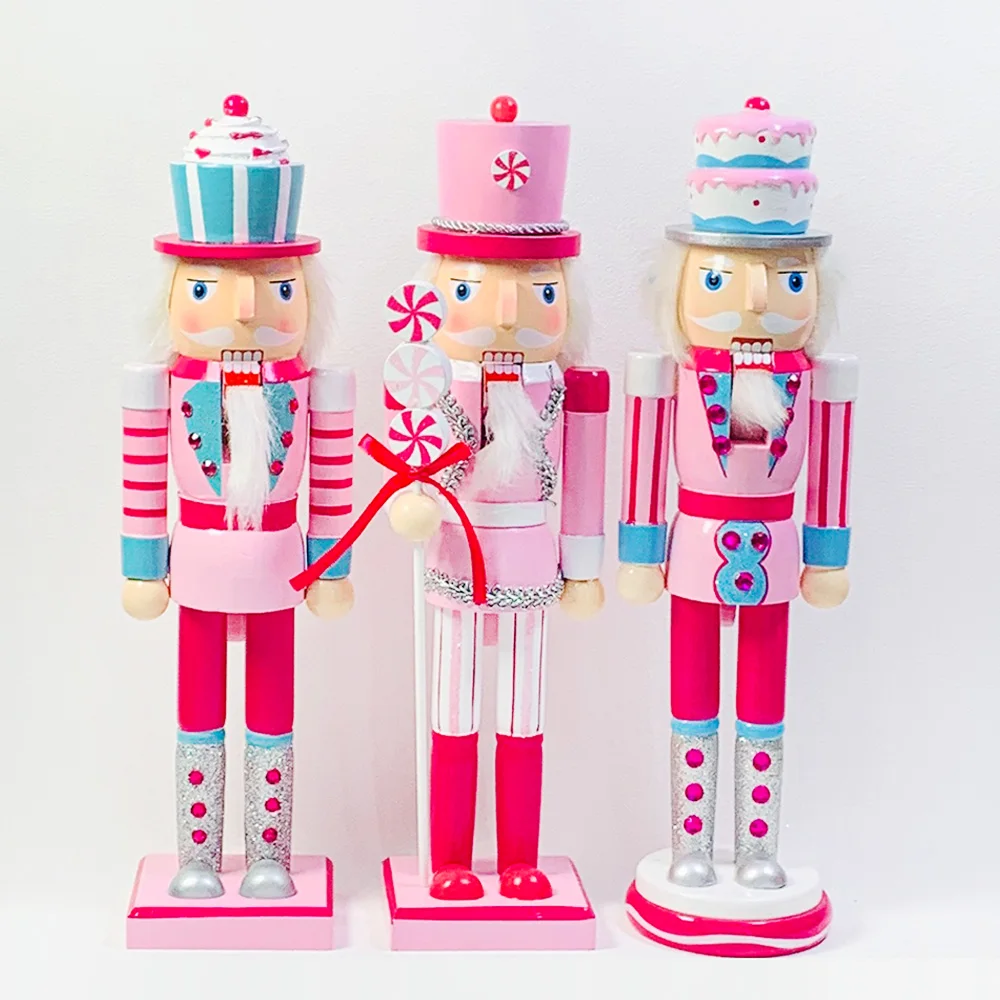 

35cm Christmas Pink Nutcracker Wooden Soldier Doll Creative Handicraft Puppet Figures New Year Gift Home Ornaments Desktop Decor