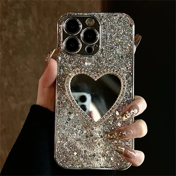 Luxury Bling Glitter Plating 3D Love Heart Mirror Sequins Case For iPhone 17 Air 16 14 15 13 12 11 Pro Max Lens Protection Cover 1