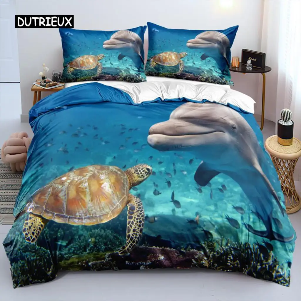 Copripiumino Vita Marina King Microfibra Blue Ocean Dolphin Turtle Pattern Twin Bedding Set Copripiumino Stile Vacanza Hawaiano