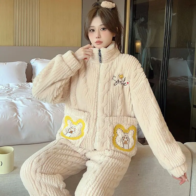 Coral Velvet Pajamas Women Winter Thickened Large Size Stand Collar Homewear Suit Female Sweet Thermal Casual Nightclothes Sets