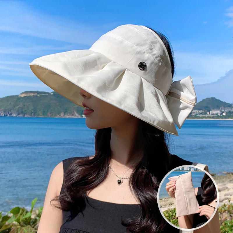 Multi functional Women's Sun Hat Light Foldable Portable Empty Top Hat Bowknot Breathable Magic