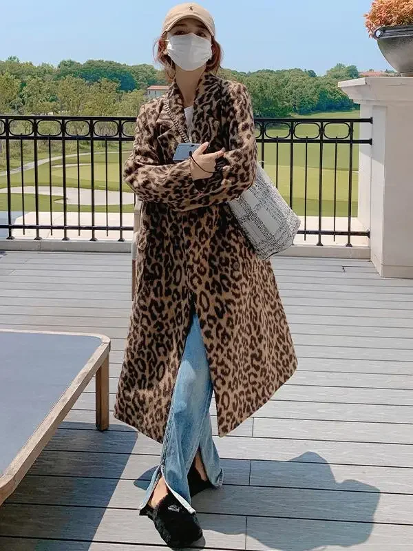 Long Leopard Print Coat Women's Woolen Leopard Coats Loose Casual