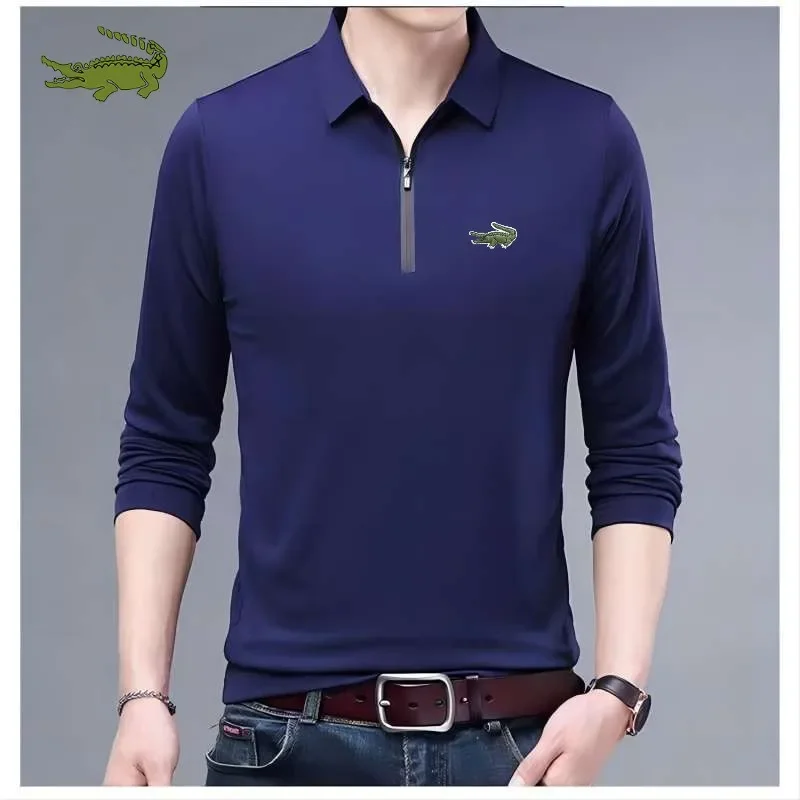 

Spring and Autumn Men's Long Sleeve T-shirt with Half Zipper Embroidered POLO Shirt Solid Color Fashion Casual Thin Top