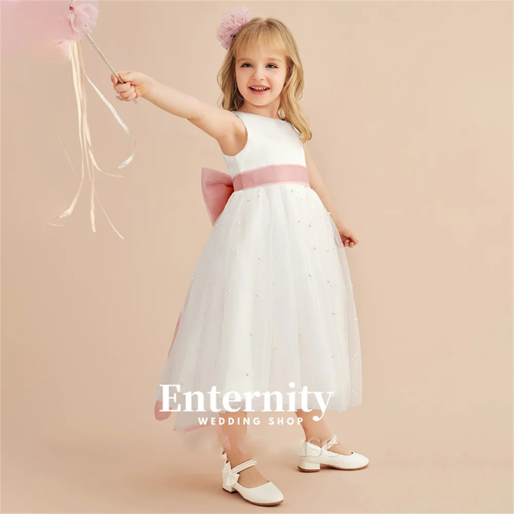 Flower Girl Dresses A Line Scoop Neck Girls Elegant Dresses Tea-Length Tulle Beading Bow Wedding Dresses Vestidos Para Niñas