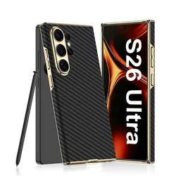 Luxury Leather Plating Curved Edge Hard Phone Case for Galaxy S26 Ultra (Carbon Fiber Style)