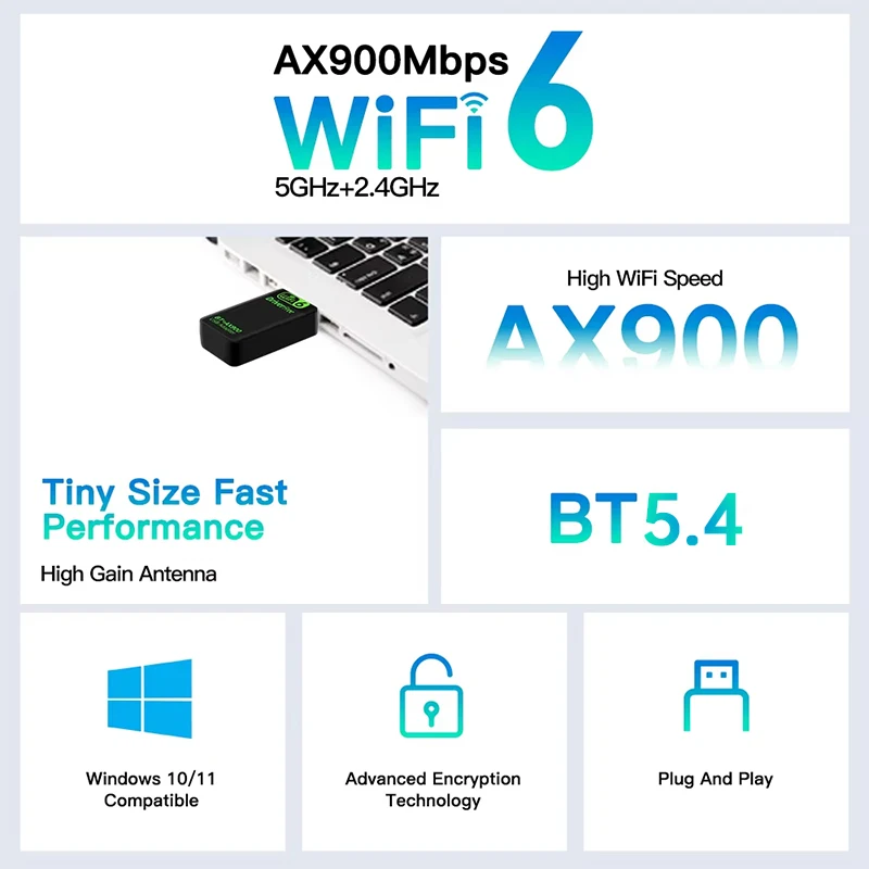 AX900 WIFI6 USB 어댑터 2 IN 1 블루투스 5.4 듀얼 밴드 2.4G&5GHz 900Mbps WiFi 6 802.11AX 고속 무선 네트워크 카드 수신기 동글 PC 노트북 WIN 10/11 드라