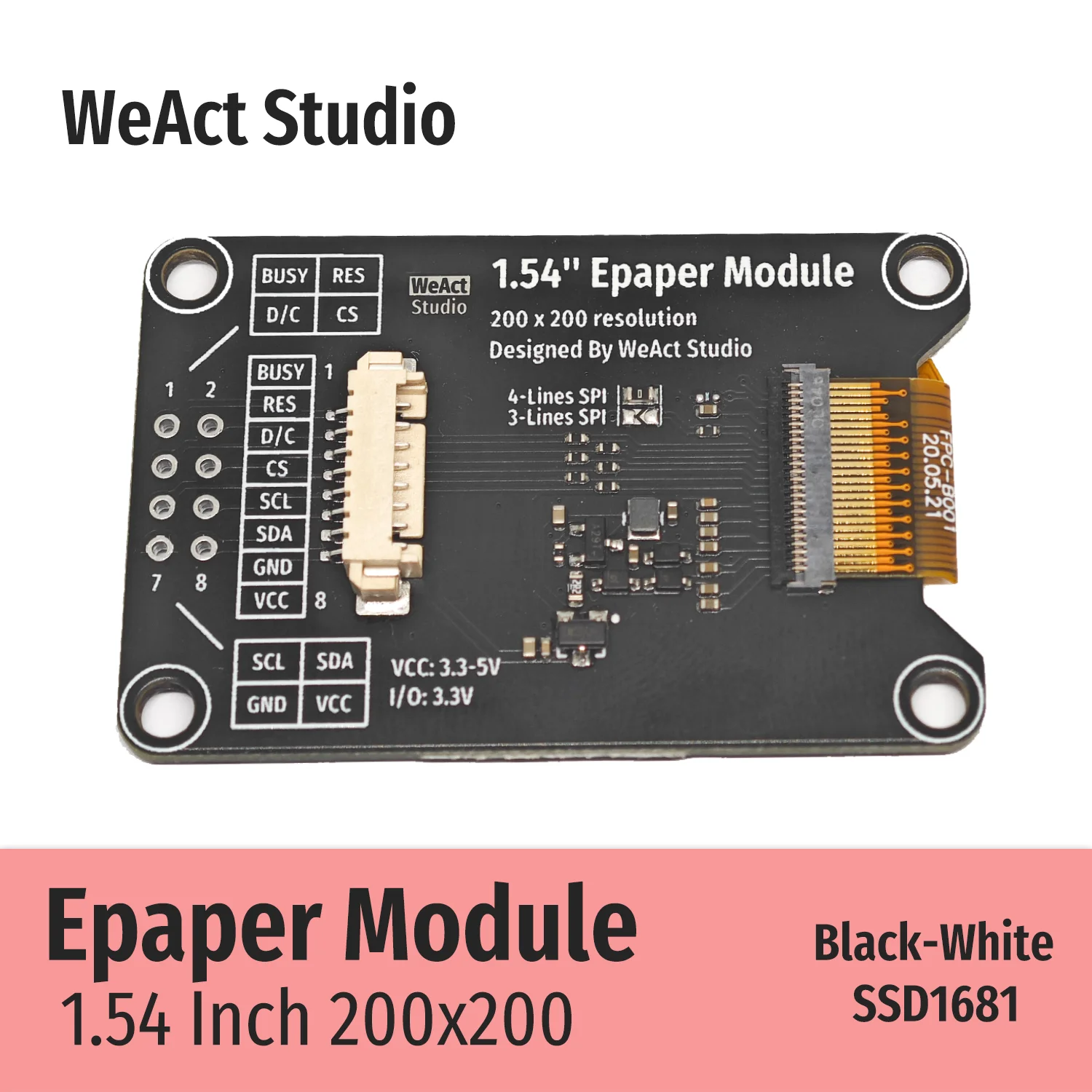 WeAct-Módulo Epaper de papel electrónico, pantalla de visualización de tinta electrónica, SPI, color blanco y negro, 1,54 pulgadas, 1,54 pulgadas