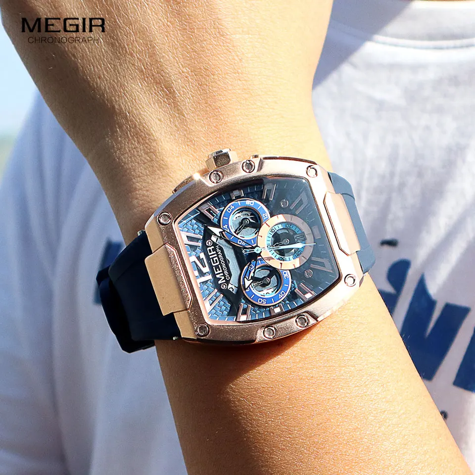 Orologio Uomo Megir Sportivo | Cronografo Al Quarzo | Quadrante Blu E Nero | Cinturino In Silicone | Impermeabile 30m