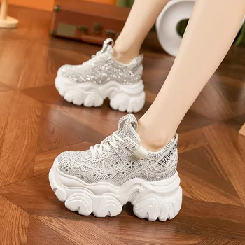 Shiny Rhinestone Chunky Platform Sneakers Trendy Bling Design, Ultra-Thick Sole Women’s Shoes for Street Fashion & Party Styling
