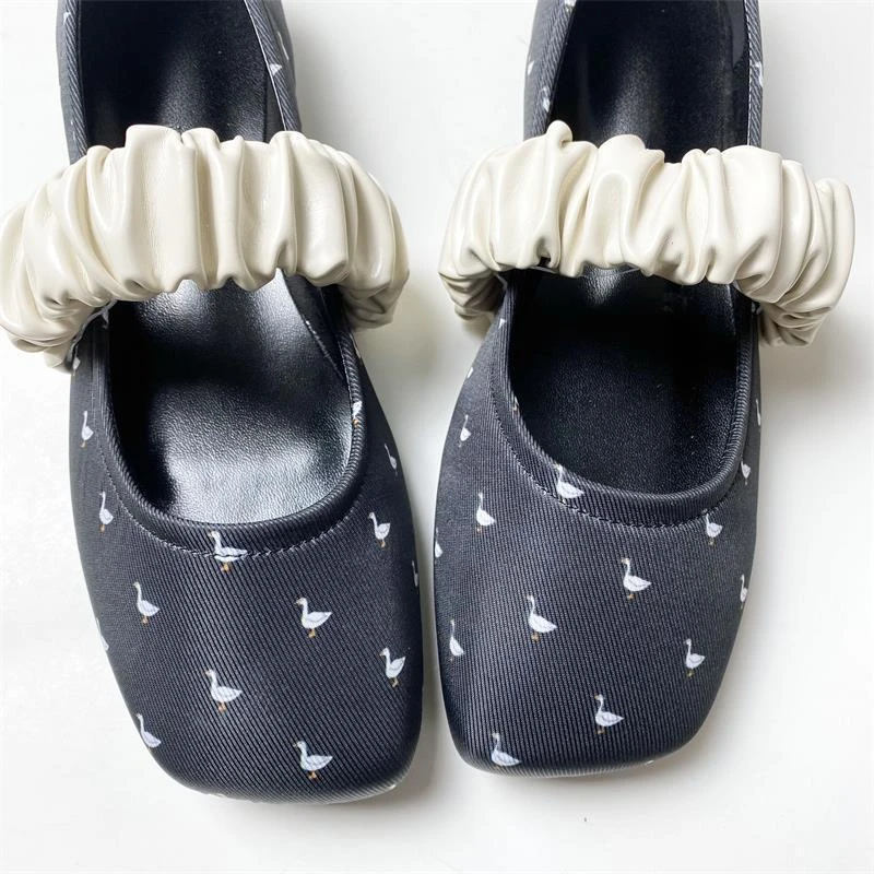 Swan Print Ballet Flats Shoes for Women Elegant Square Toe Elastic Band Mary Janes Shoes Ladies Shallow Spring Autumn Loafers 2