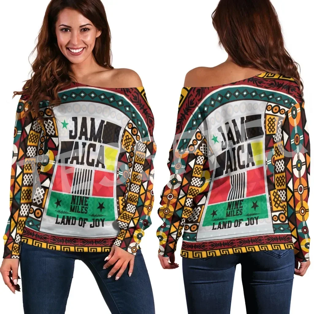 Reggae Jamaica Country Flag Lion Tattoo Tribe Retro Off Shoulder Sweatshirts Long Sleeves 3DPrint Harajuku Women Funny Casual X4