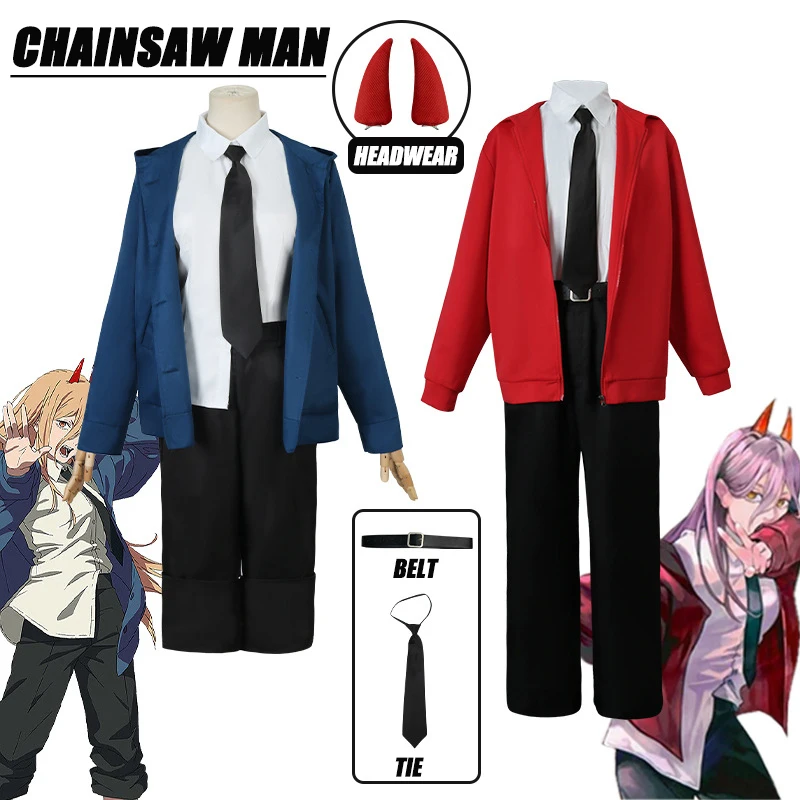 

Power Cosplay Anime Chainsaw Man Power Cosplay Costume Uniform Blue Red Jacket Pants Horn Wig Sets Halloween Costumes for Women