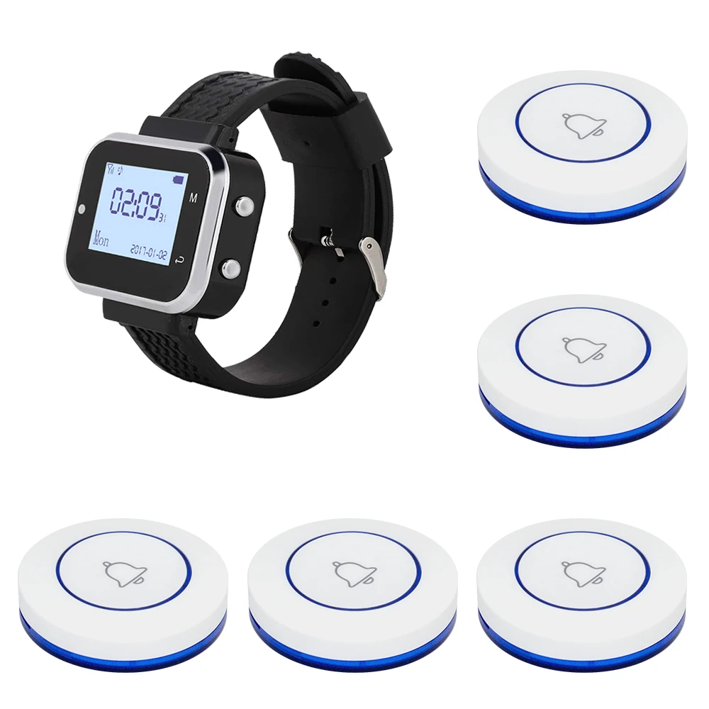 Description Picture 3 of itemCATEL Wireless Calling System 5 Table Call Button Transmitters 1 Watch Pager, Restaurant Waiter Service Bell Buzzer