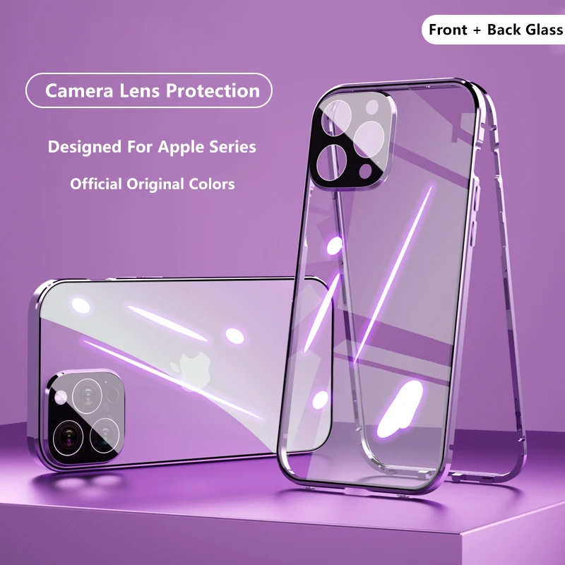 

Double Sided Glass Buckle Magnetic Clear Case For iPhone 15 14 Plus 13 12 11 Pro Max Camera Lens Metal 360° Full Protect Cover